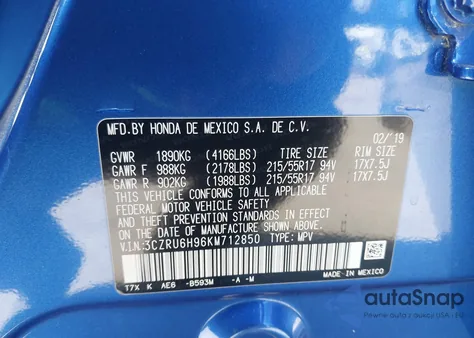 2019 Honda Hr-V Touring from USA, damaged, VIN 3CZRU6H96KM712850